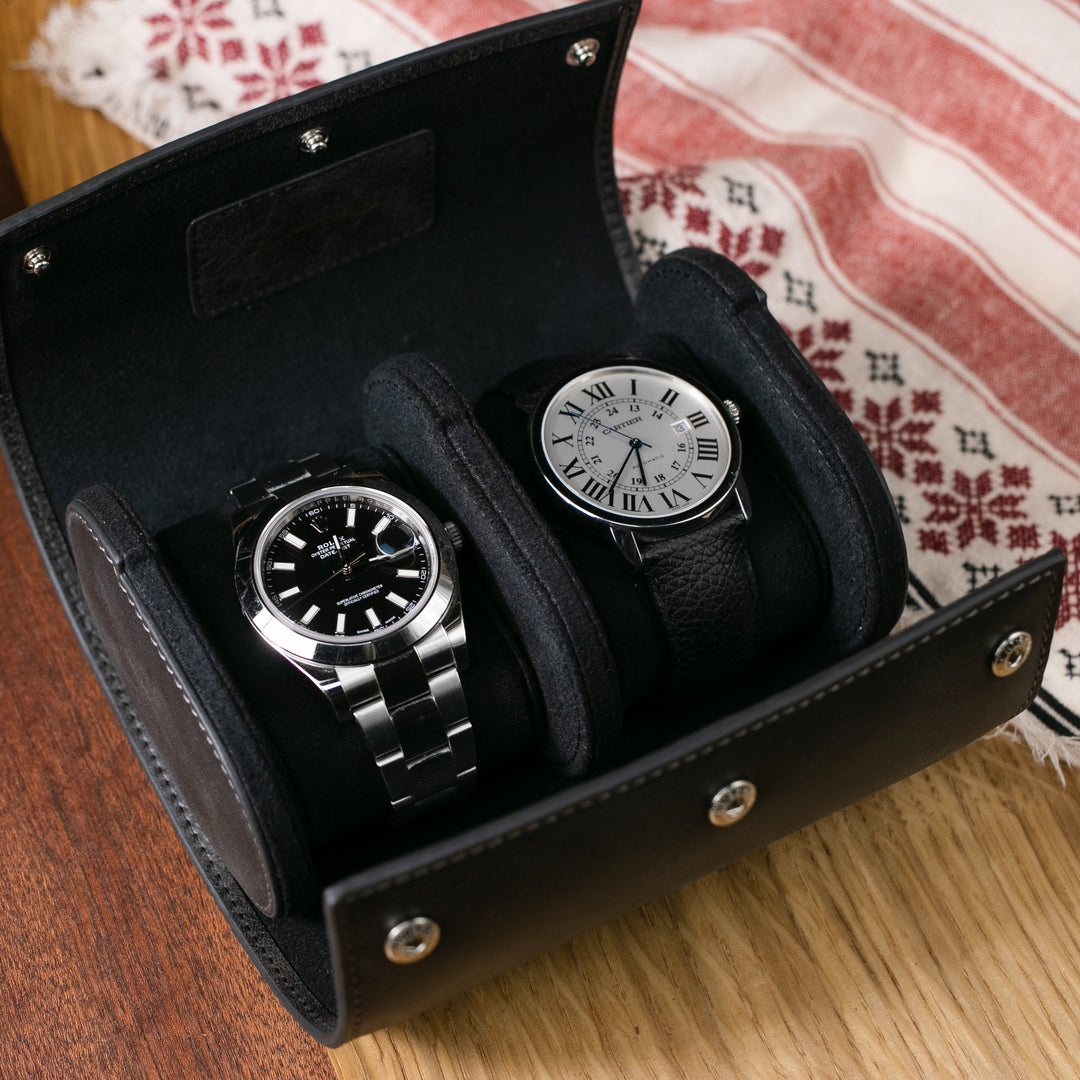 Watch Case - 2 Watches Coal Leather Roll