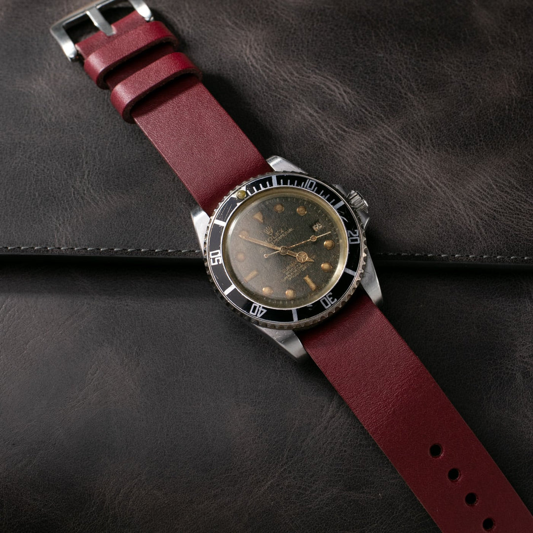 Military Style Leather Watch Strap - Plum