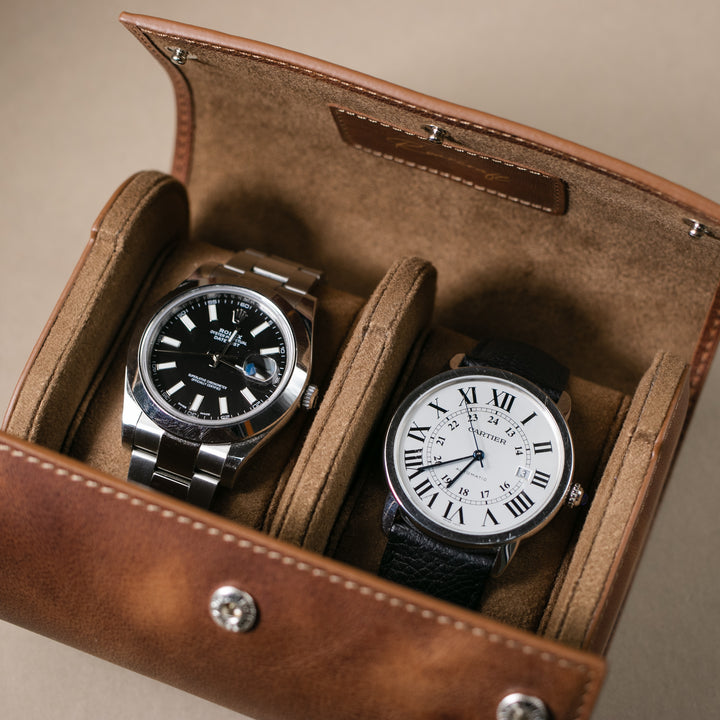 Watch Case - 2 Watches Tobacco Leather Roll