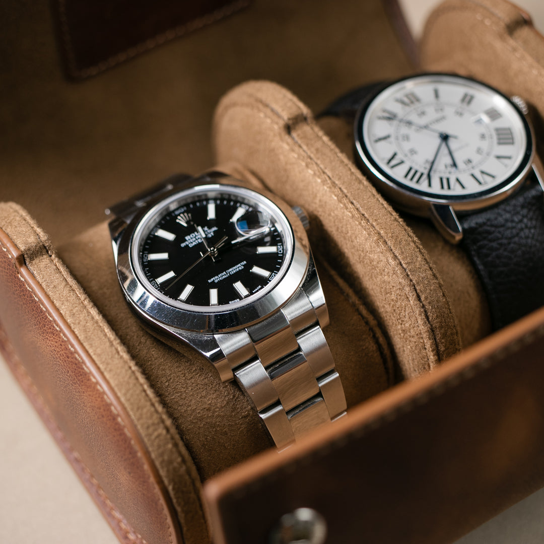 Watch Case - 2 Watches Tobacco Leather Roll