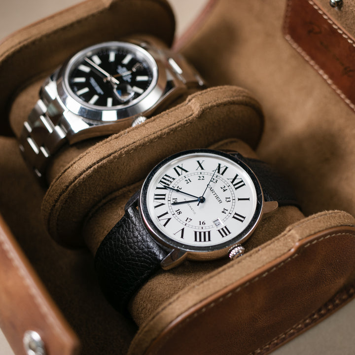 Watch Case - 2 Watches Tobacco Leather Roll