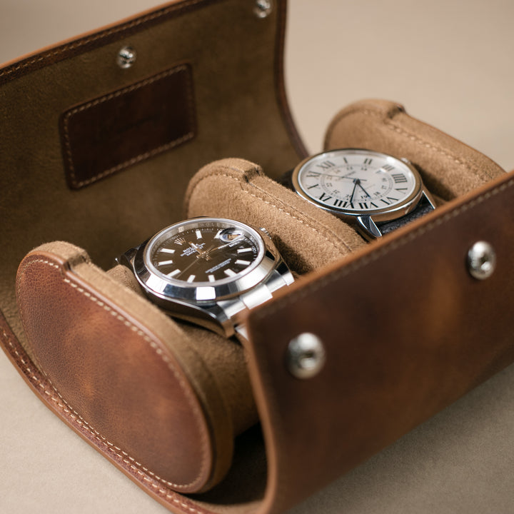 Watch Case - 2 Watches Tobacco Leather Roll