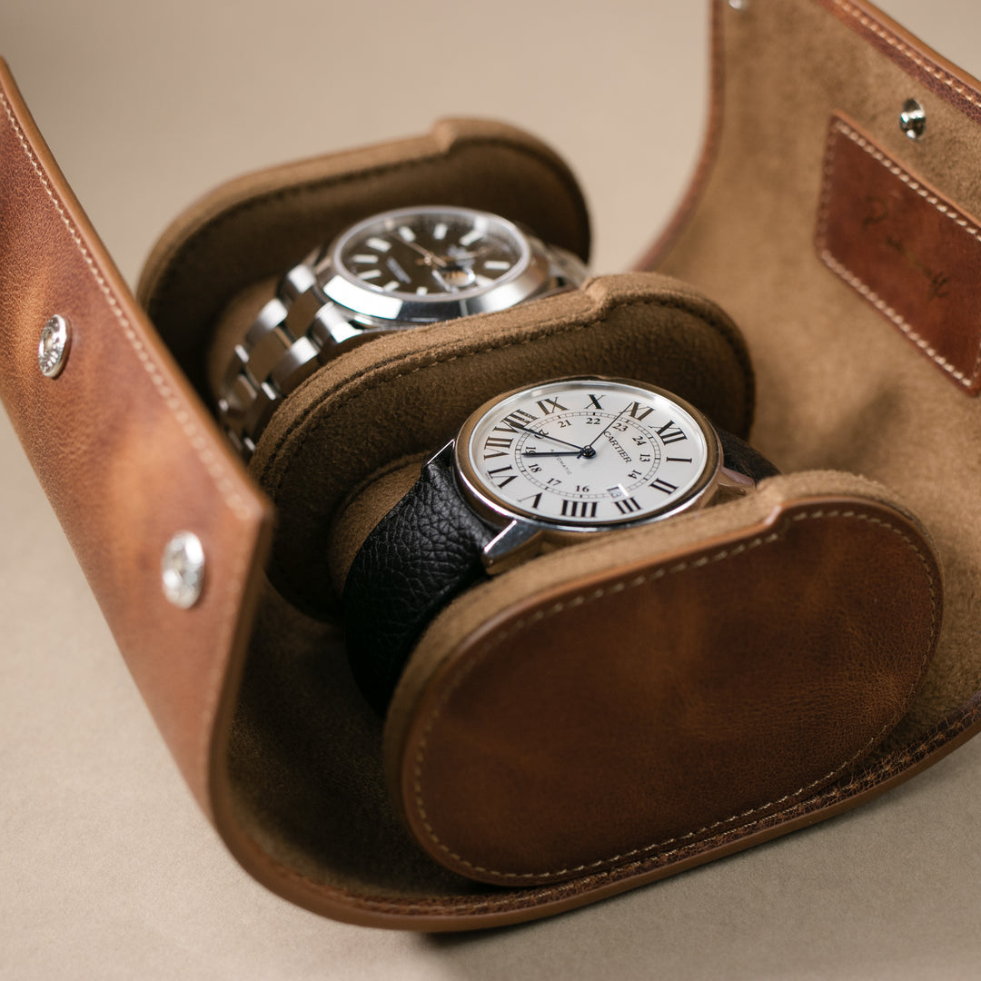 Watch Case - 2 Watches Tobacco Leather Roll