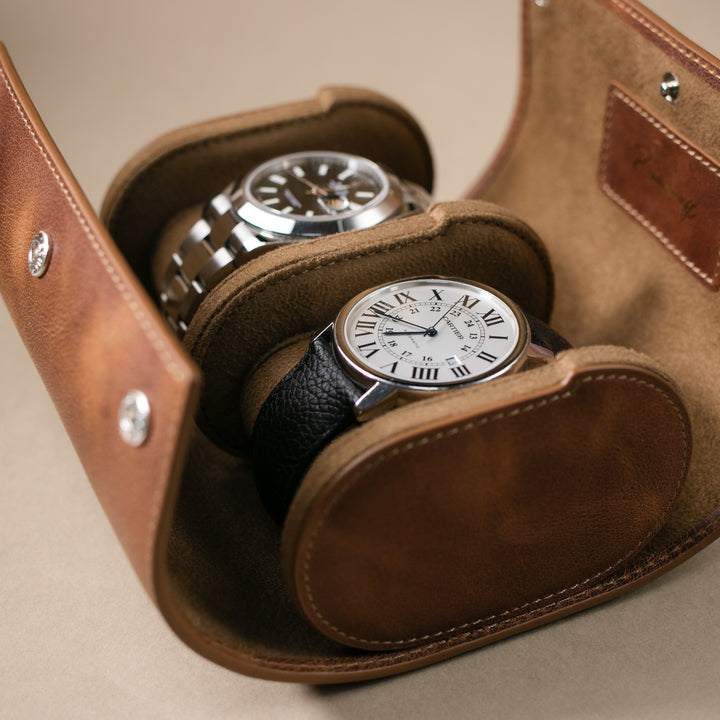Watch Case - 2 Watches Tobacco Leather Roll