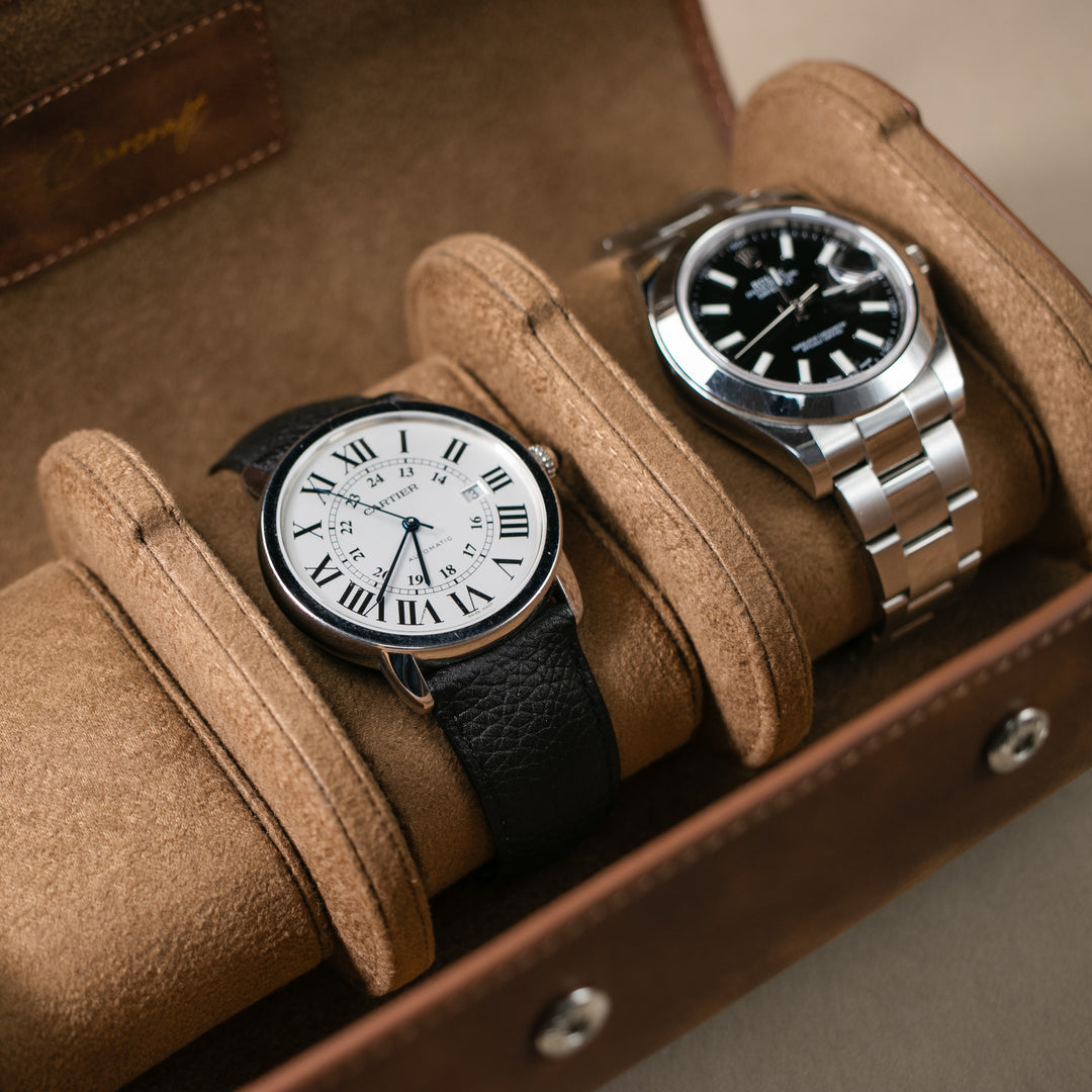Watch Case - 3 Watches Tobacco Leather Roll