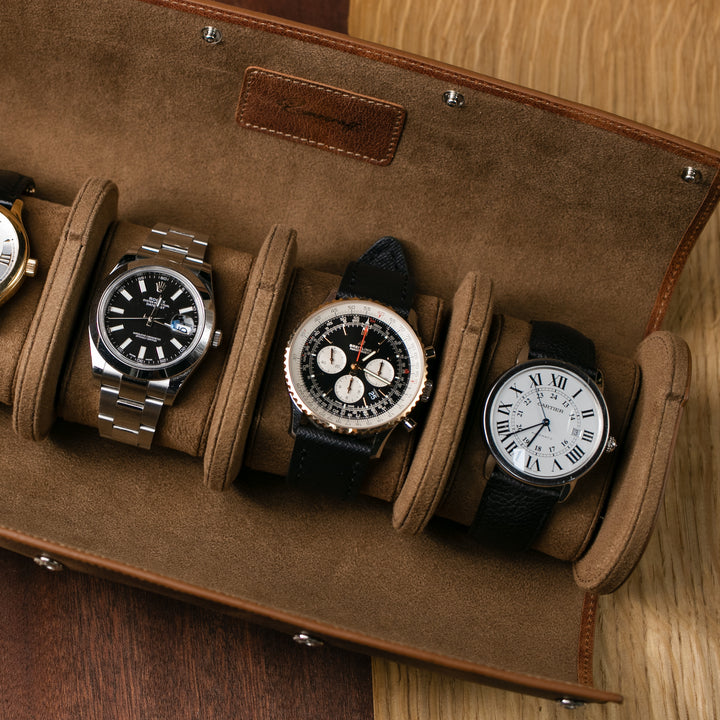 Watch Case - 4 Watches Tobacco Leather Roll