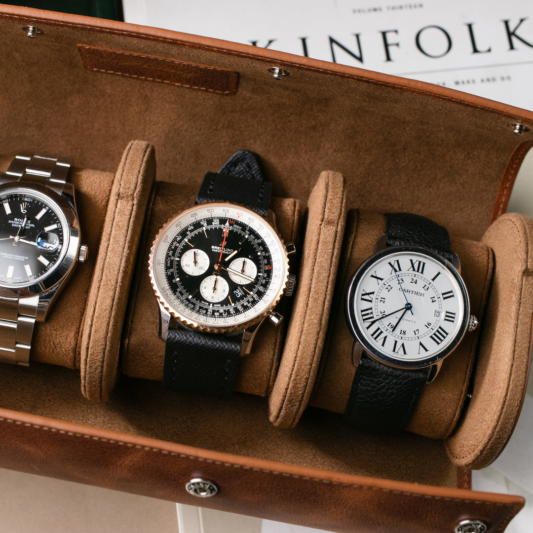 Watch Case - 4 Watches Tobacco Leather Roll