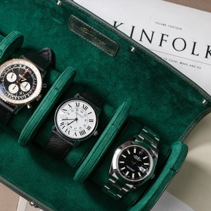 Watch Case - 4 Watches Emerald Leather Roll