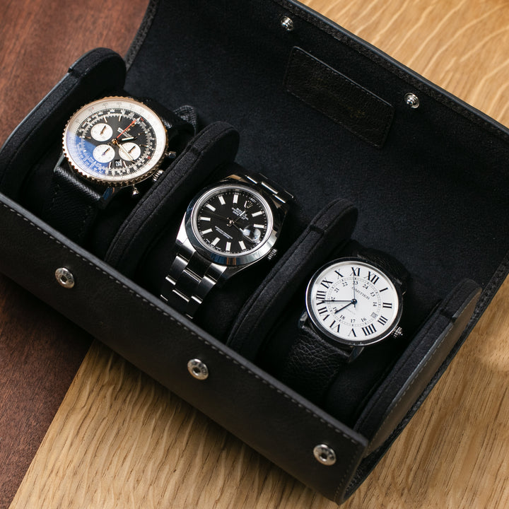 Watch Case - 3 Watches Coal Leather Roll