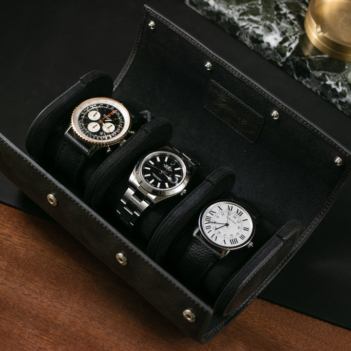 Watch Case - 3 Watches Coal Leather Roll