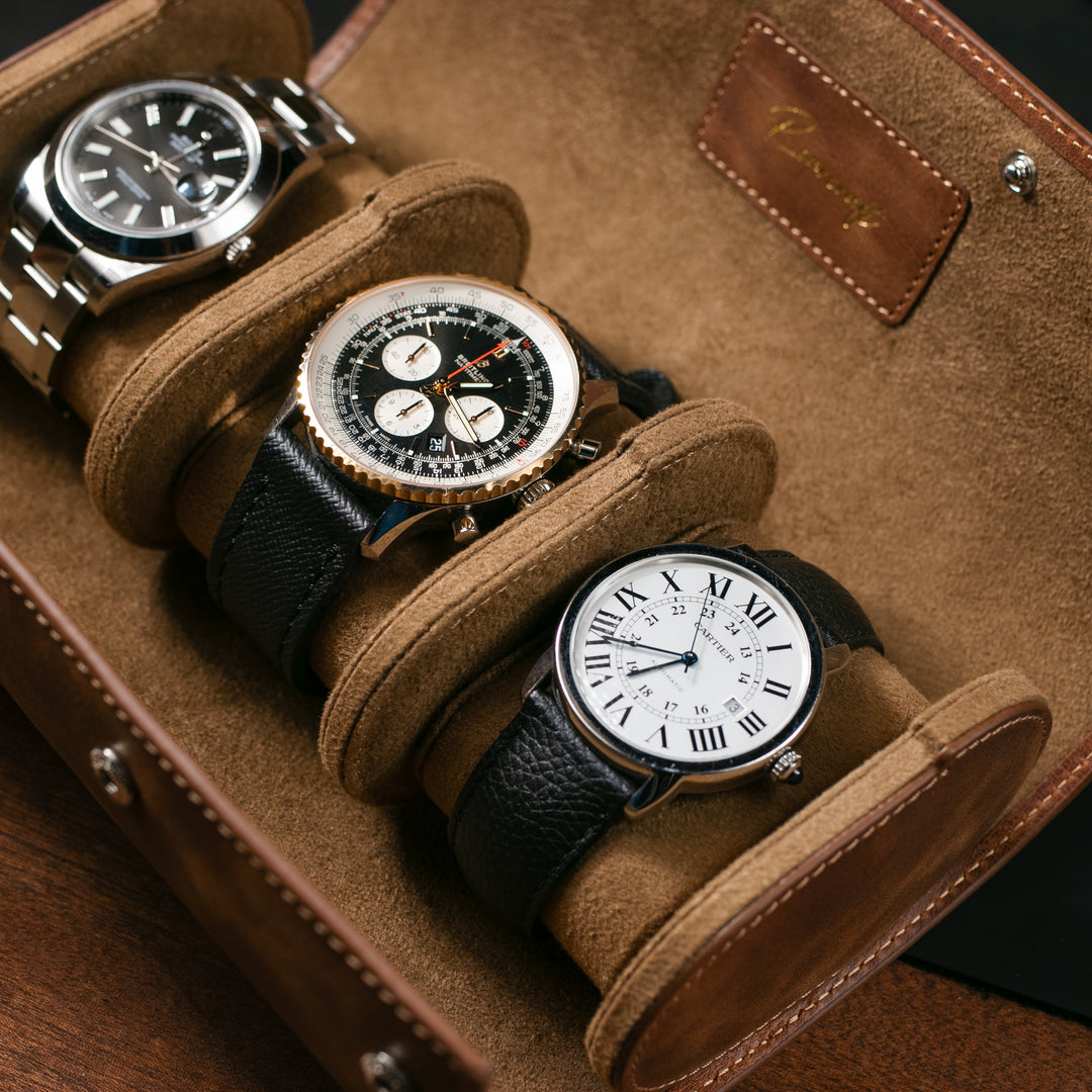 Watch Case - 3 Watches Tobacco Leather Roll