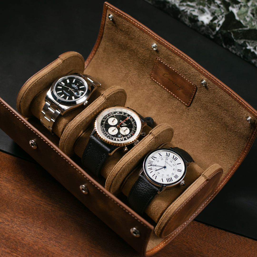 Watch Case - 3 Watches Tobacco Leather Roll