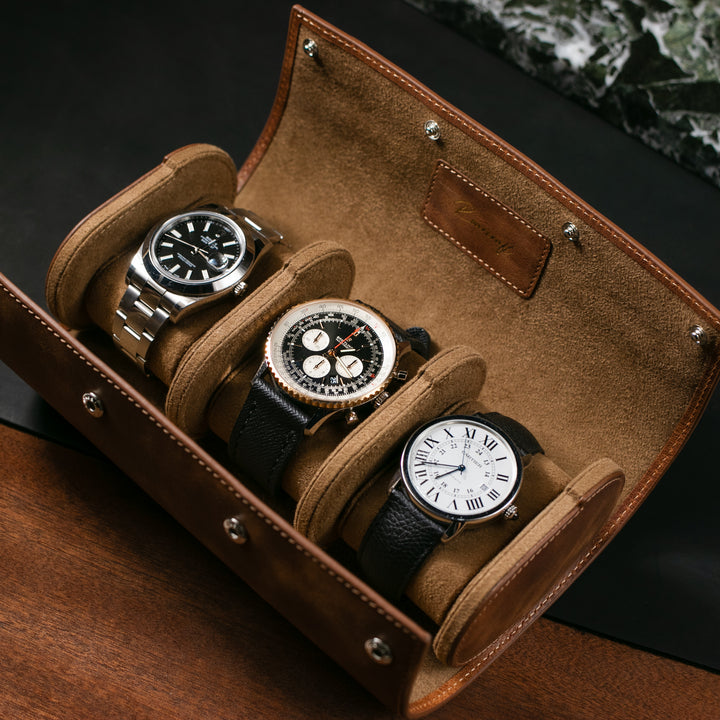 Watch Case - 3 Watches Tobacco Leather Roll