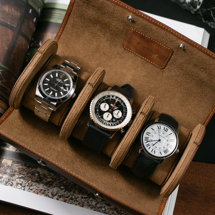 Watch Case - 3 Watches Tobacco Leather Roll