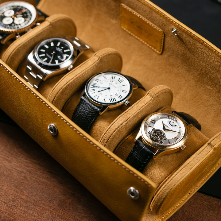 Watch Case - 4 Watches Mustard Leather Roll