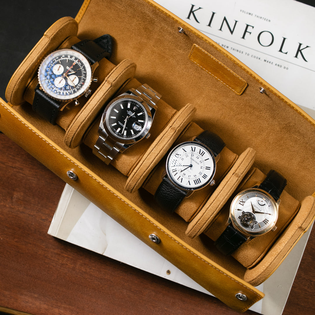 Watch Case - 4 Watches Mustard Leather Roll