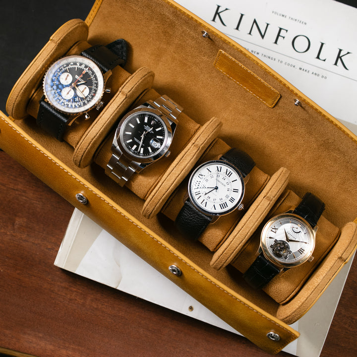Watch Case - 4 Watches Mustard Leather Roll
