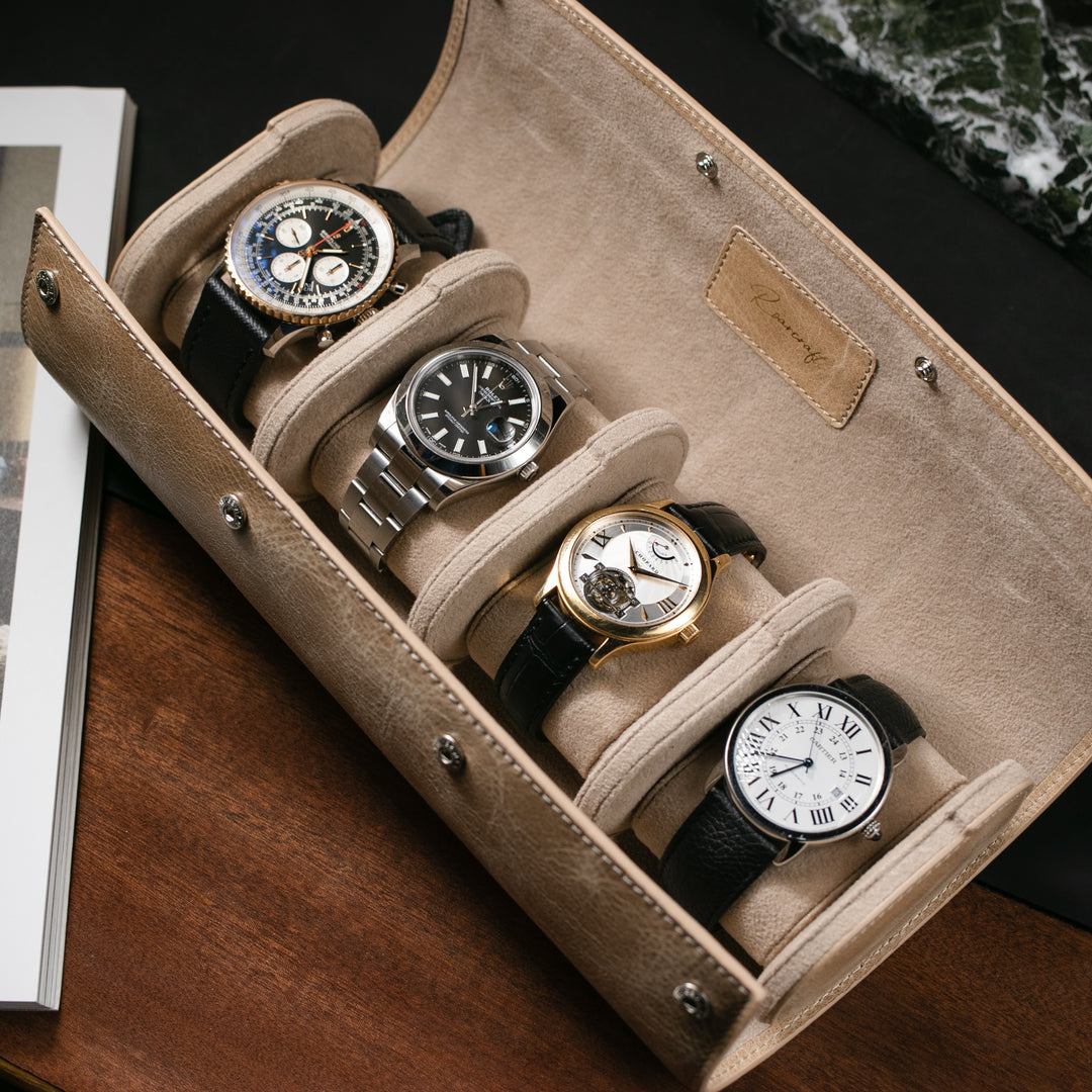 Watch Case - 4 Watches Beige Leather Roll