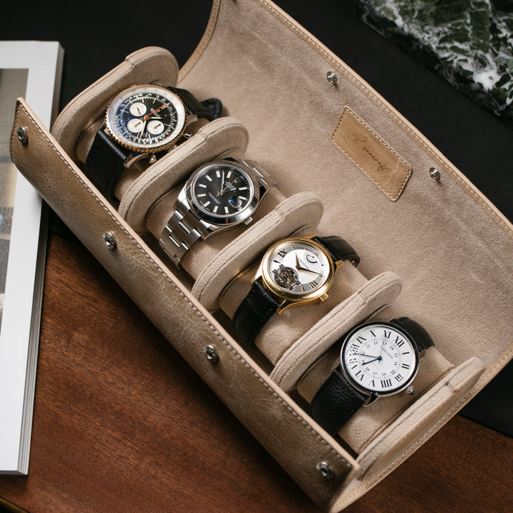 Watch Case - 4 Watches Beige Leather Roll