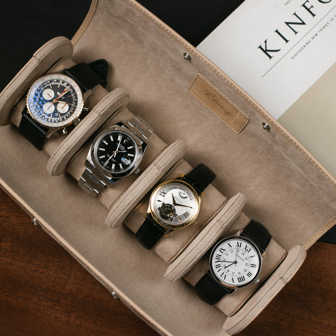 Watch Case - 4 Watches Beige Leather Roll