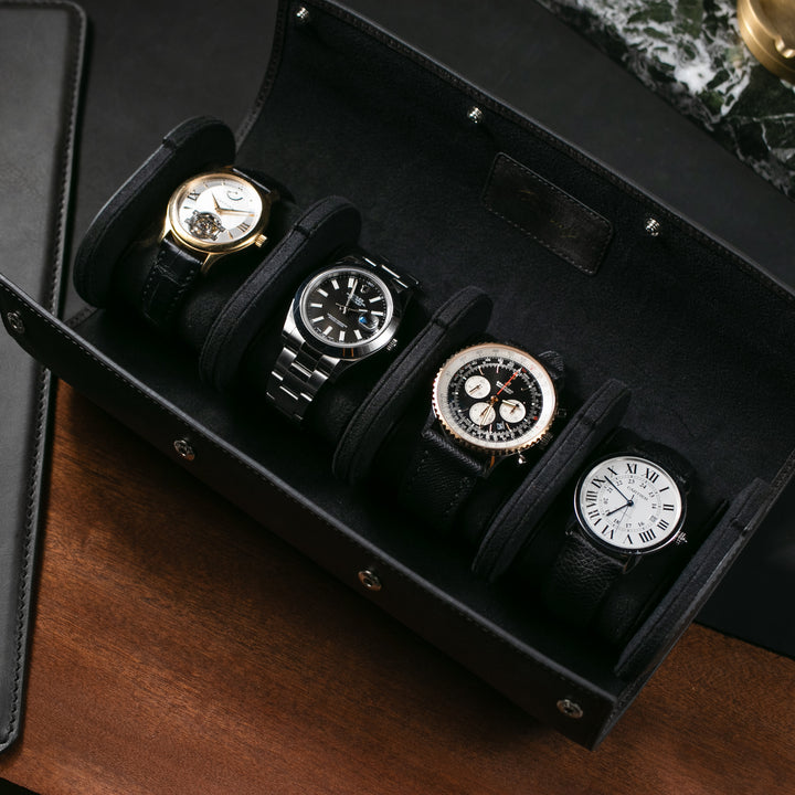 Watch Case - 4 Watches Coal Leather Roll
