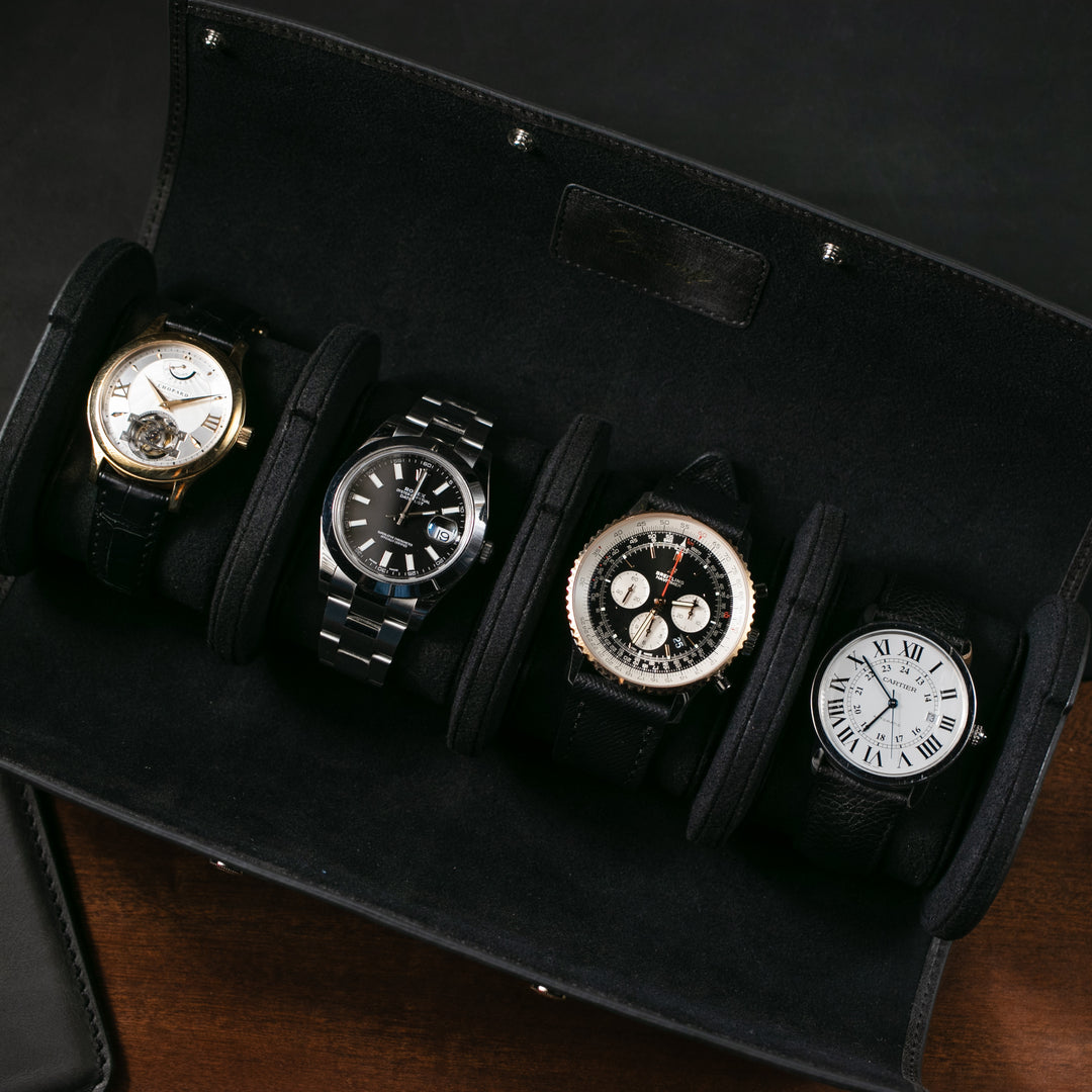 Watch Case - 4 Watches Coal Leather Roll