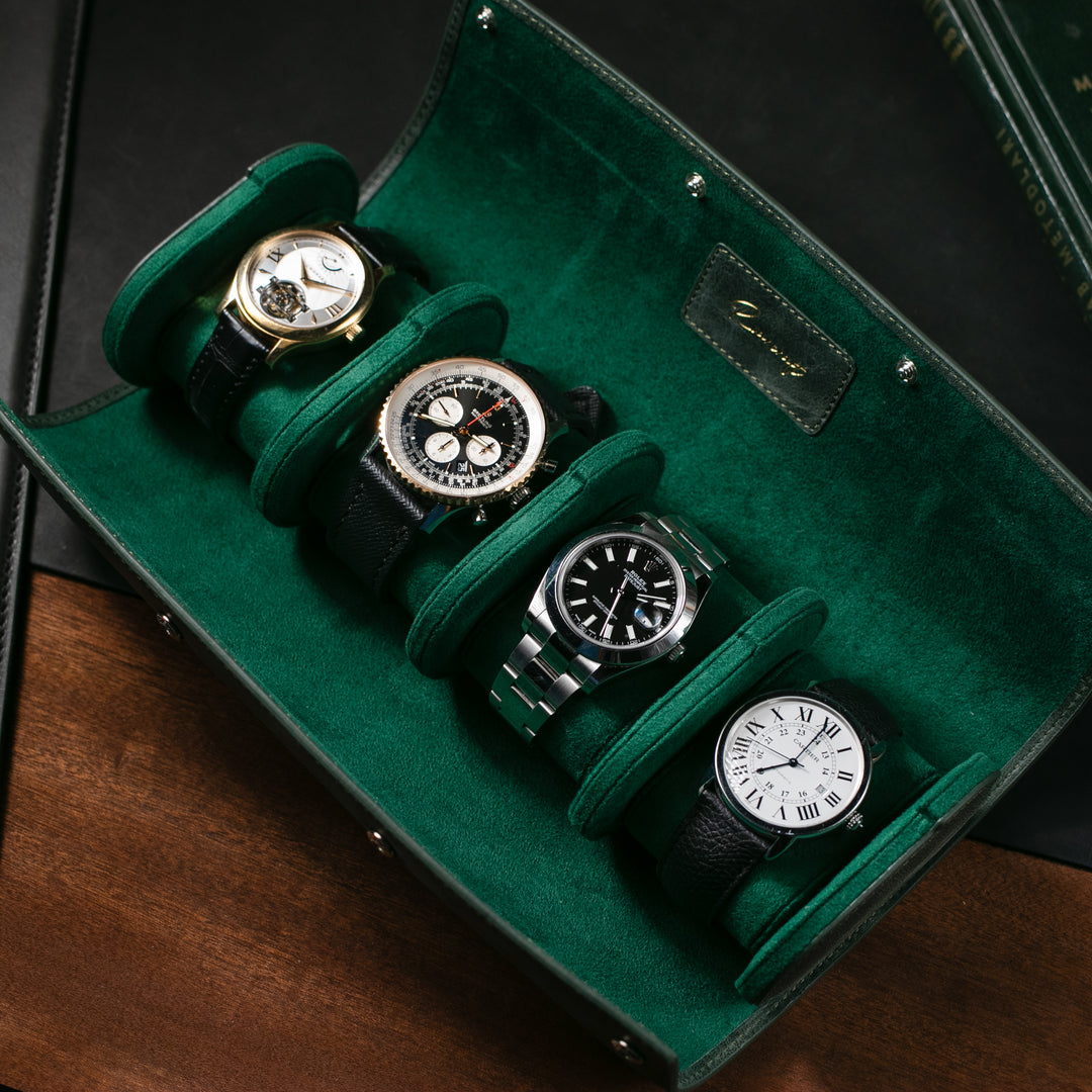 Watch Case - 4 Watches Emerald Leather Roll
