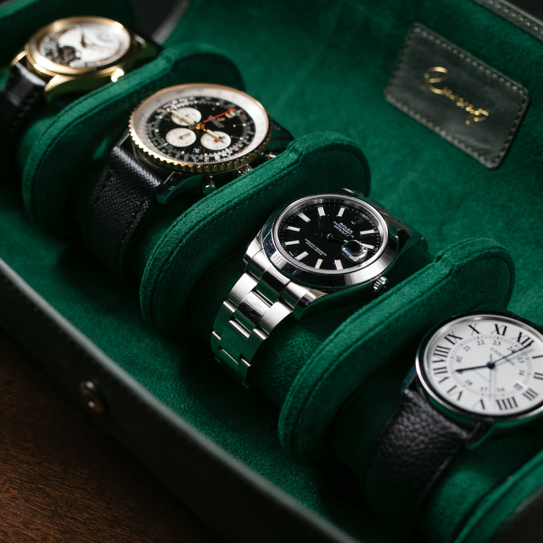 Watch Case - 4 Watches Emerald Leather Roll