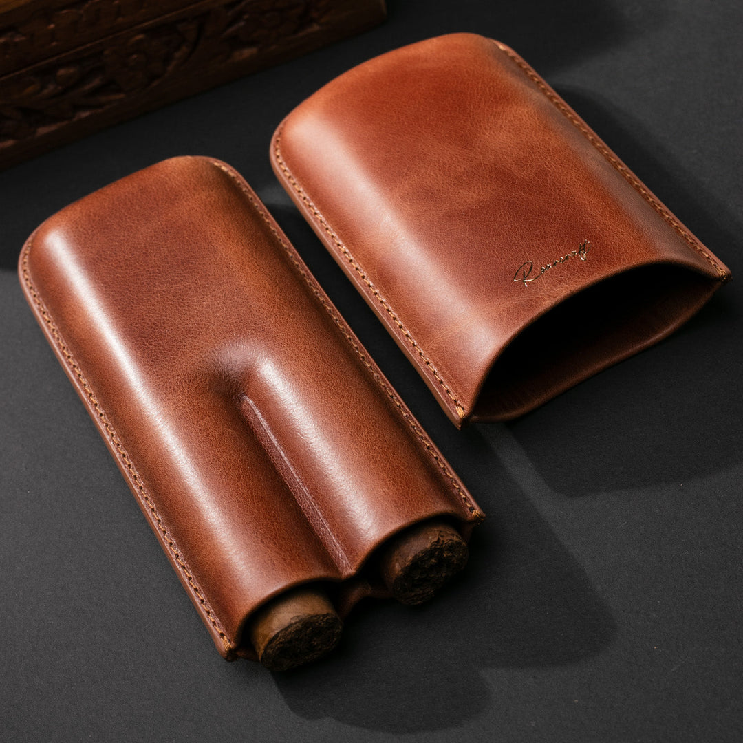 Leather Cigar Case for 2 - Tobacco
