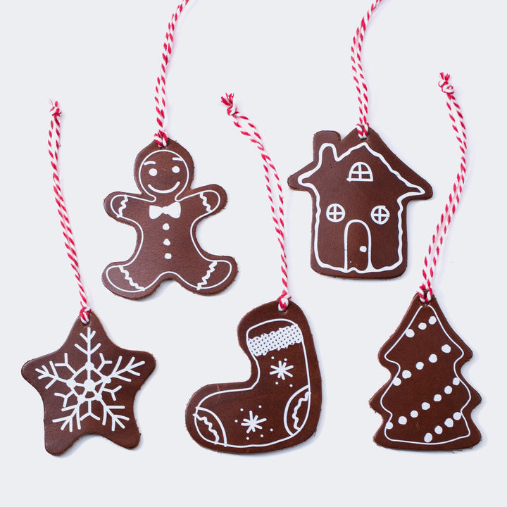 Christmas Tree Leather Ornaments - Set of 5 Brown