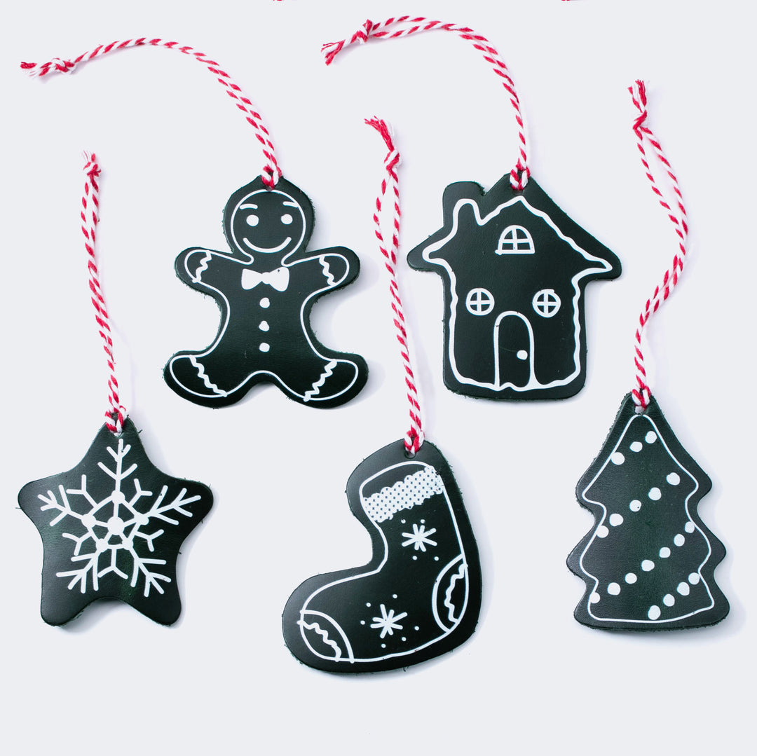 Christmas Tree Leather Ornaments - Set of 5 Green