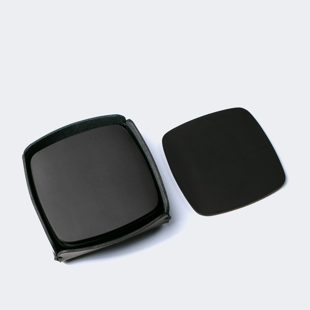 Leather Coaster Set of 5 Black