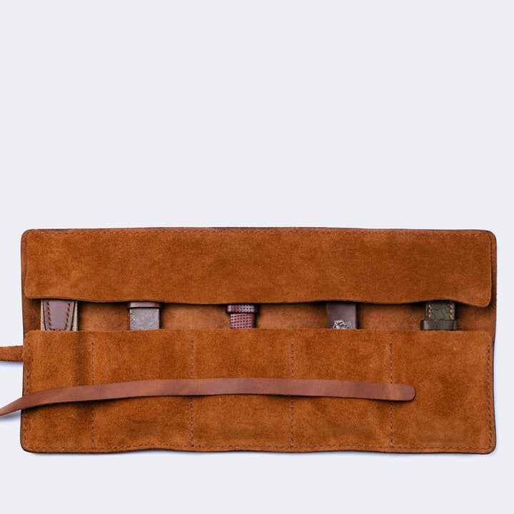 Leather Travel Watch Roll Tobacco