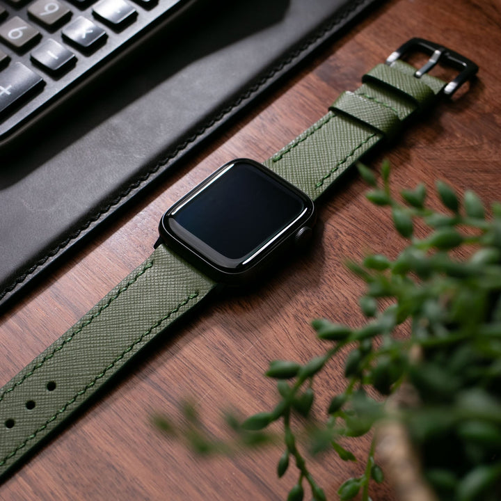 Custom Made Apple Watch Strap - Army Green Saffiano