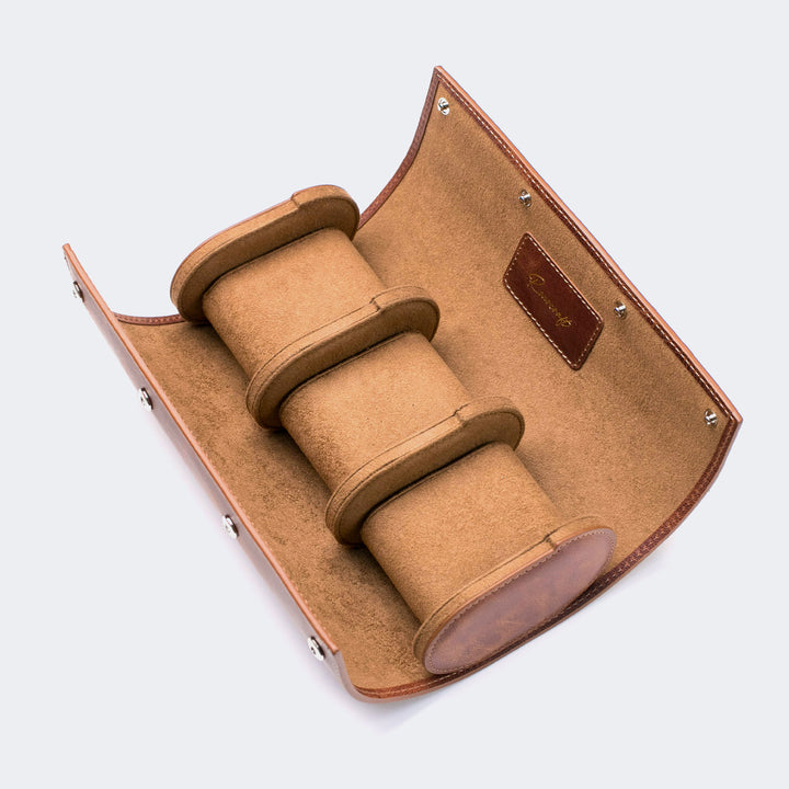 Watch Case - 3 Watches Tobacco Leather Roll