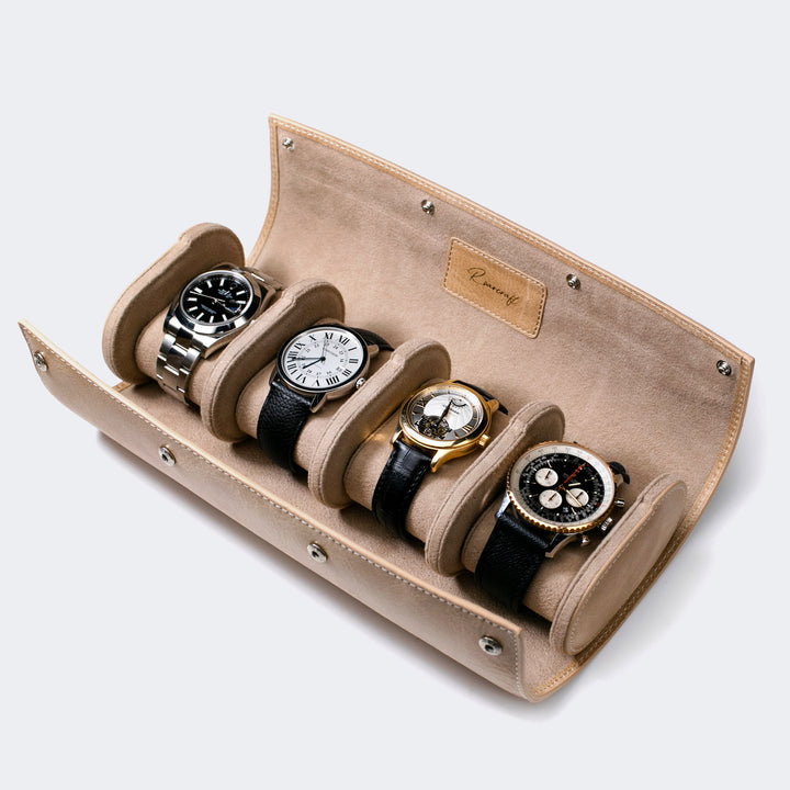 Watch Case - 4 Watches Beige Leather Roll