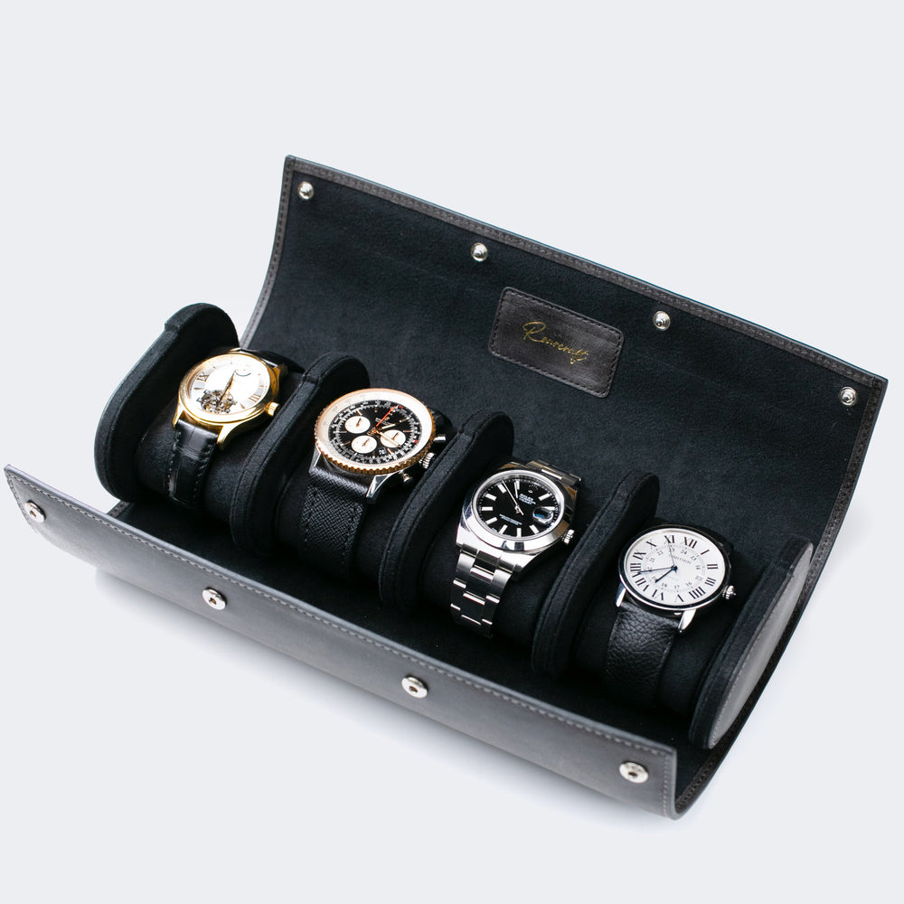 Watch Case - 4 Watches Coal Leather Roll
