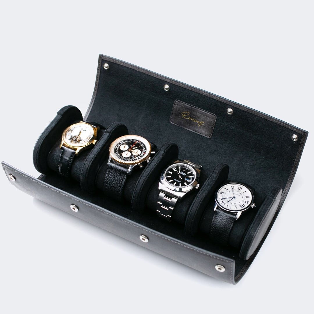 Watch Case - 4 Watches Coal Leather Roll