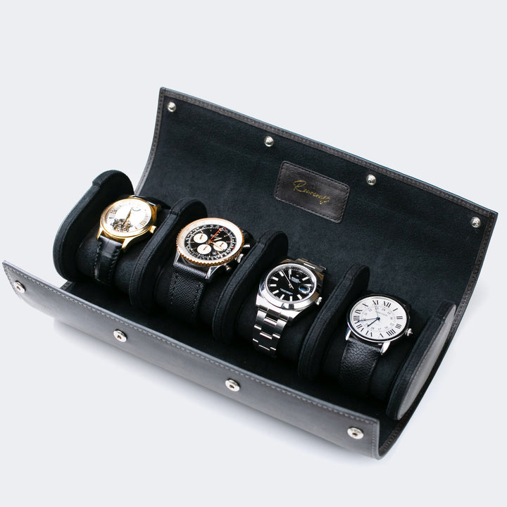 Watch Case - 4 Watches Coal Leather Roll