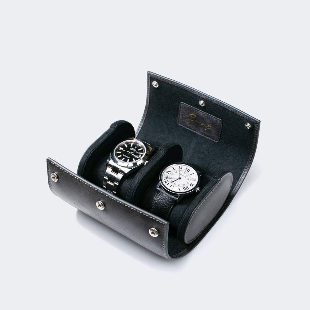 Watch Case - 2 Watches Coal Leather Roll