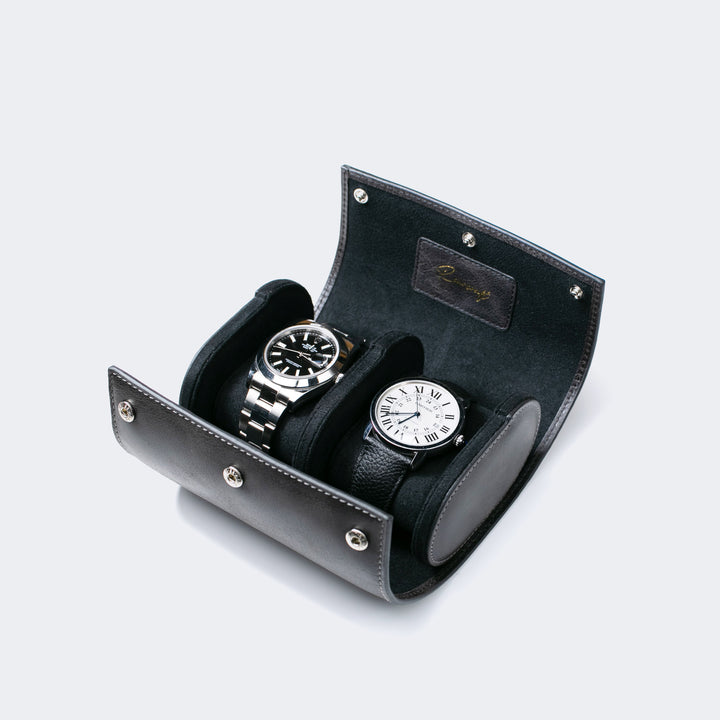 Watch Case - 2 Watches Coal Leather Roll