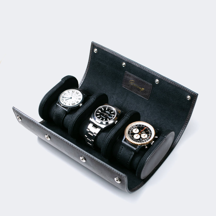 Watch Case - 3 Watches Coal Leather Roll