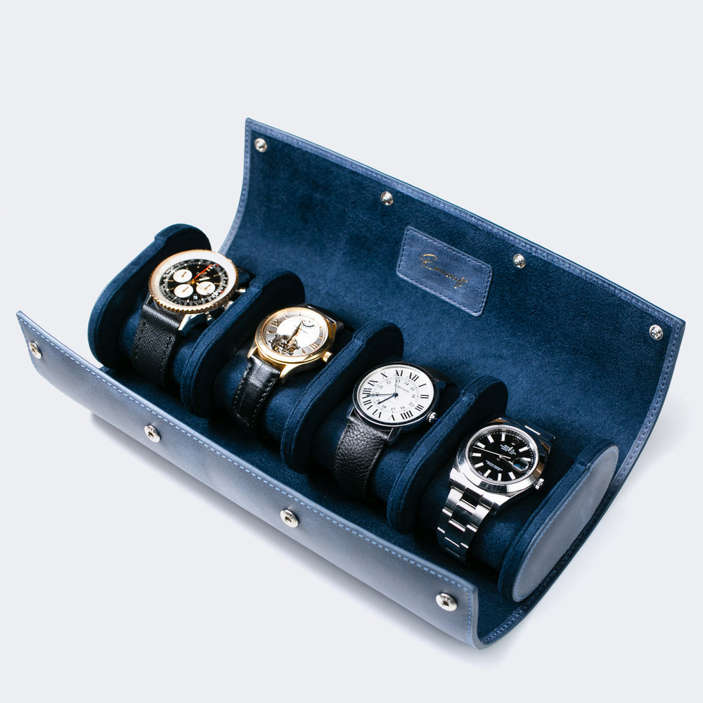 Watch Case - 4 Watches Blue Leather Roll