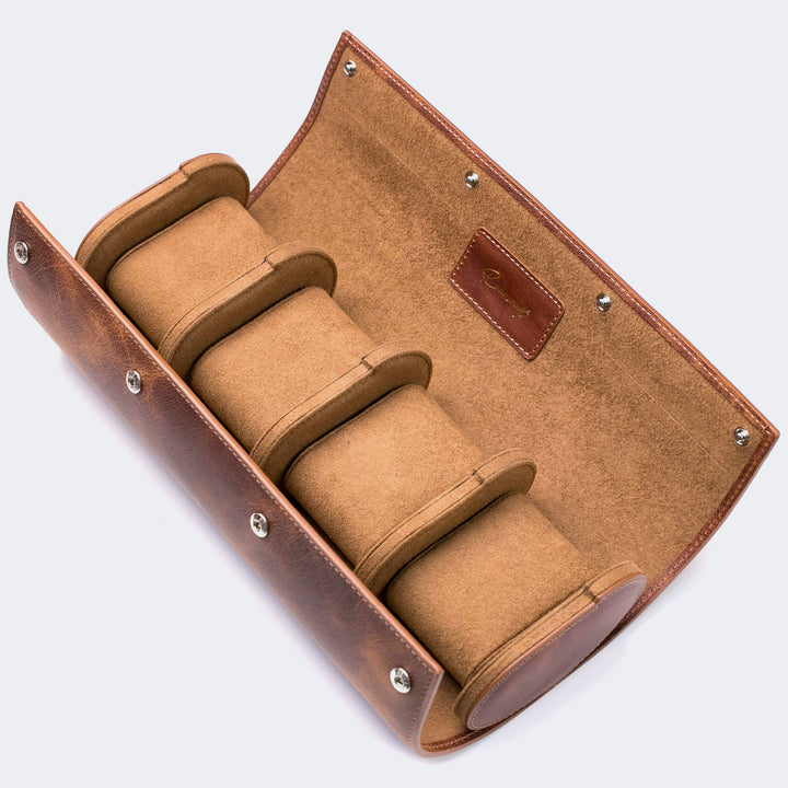 Watch Case - 4 Watches Tobacco Leather Roll