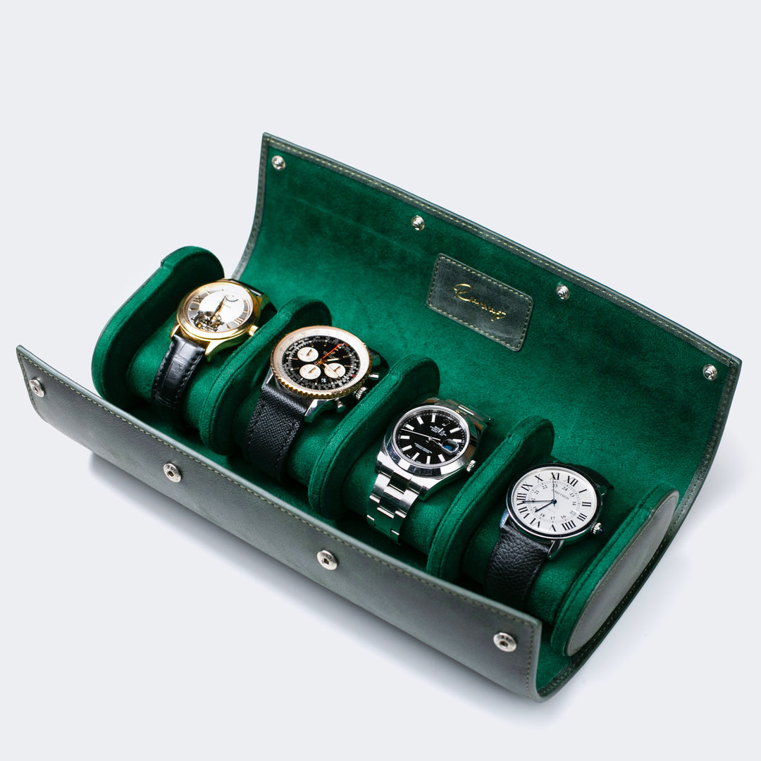 Watch Case - 4 Watches Emerald Leather Roll