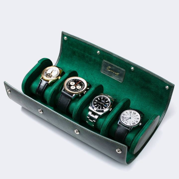Watch Case - 4 Watches Emerald Leather Roll