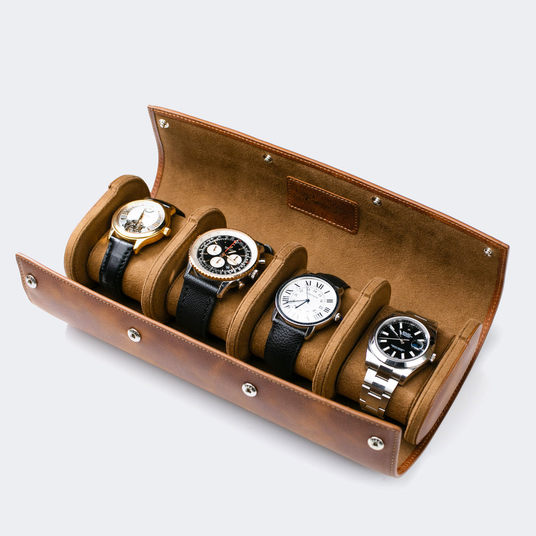 Watch Case - 4 Watches Tobacco Leather Roll