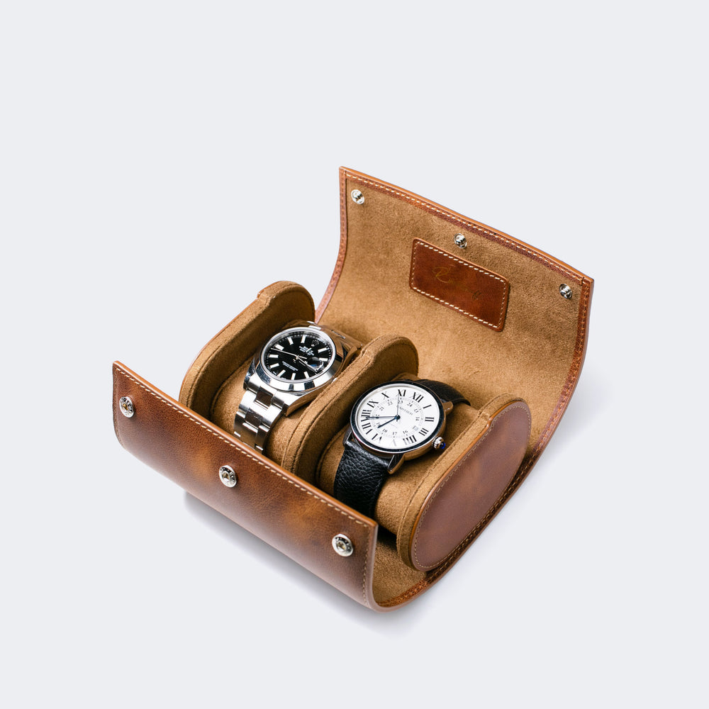 Watch Case - 2 Watches Tobacco Leather Roll