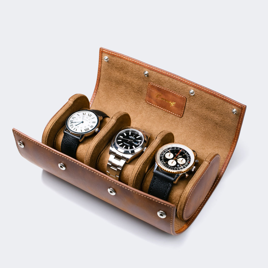 Watch Case - 3 Watches Tobacco Leather Roll