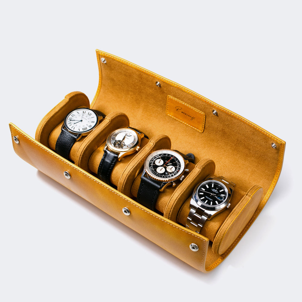 Watch Case - 4 Watches Mustard Leather Roll